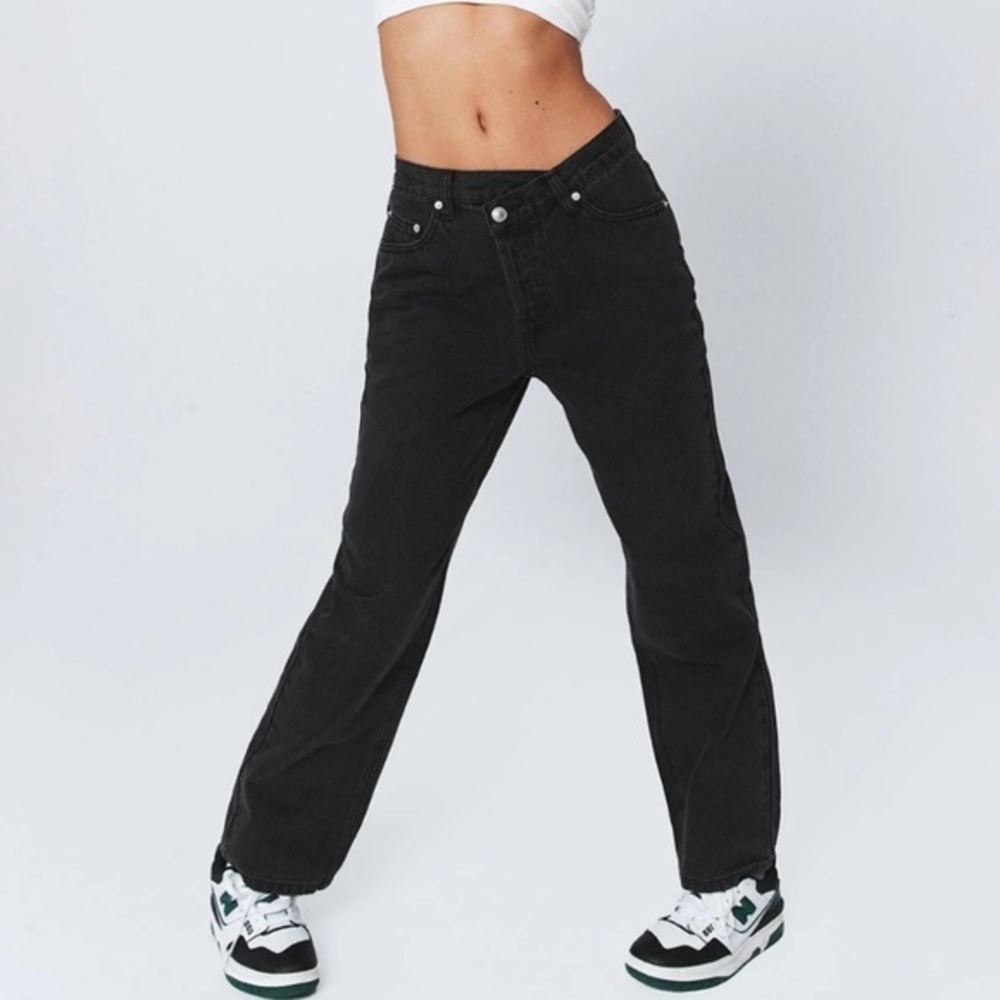 Princess Polly Asymmetrical Black Crossover Highrise Straight Leg Relaxed Jean
